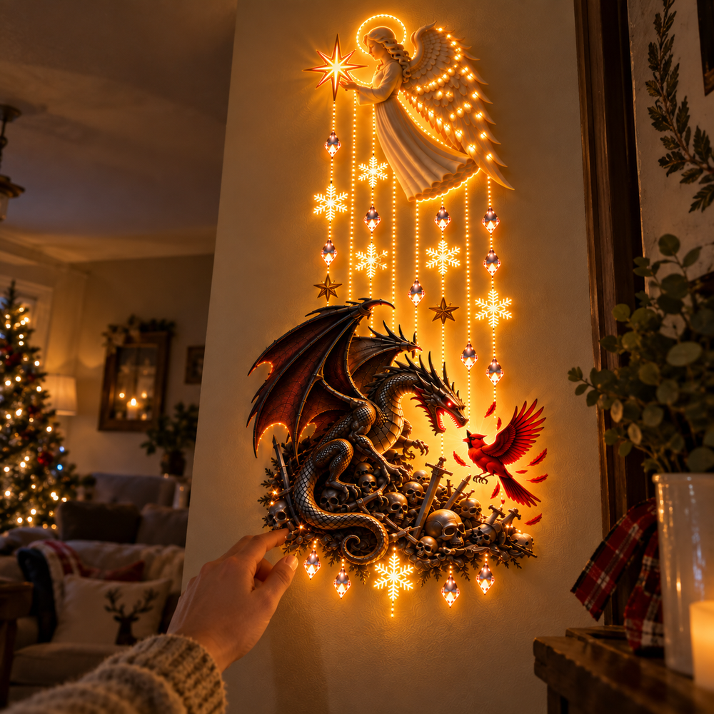 Illuminated angel and dragon wall hanging in home