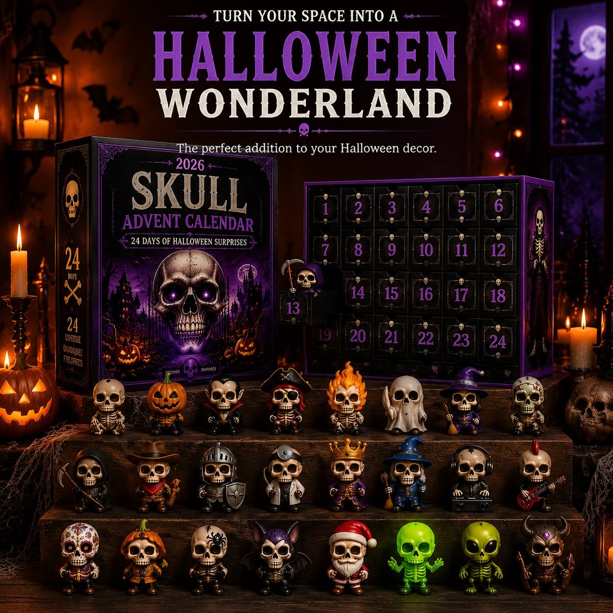 2026 Skull Halloween Advent Calendar | 24 Unique Collectible Skull Characters with Vampire, Pirate, Wizard & Monster Designs 🎃