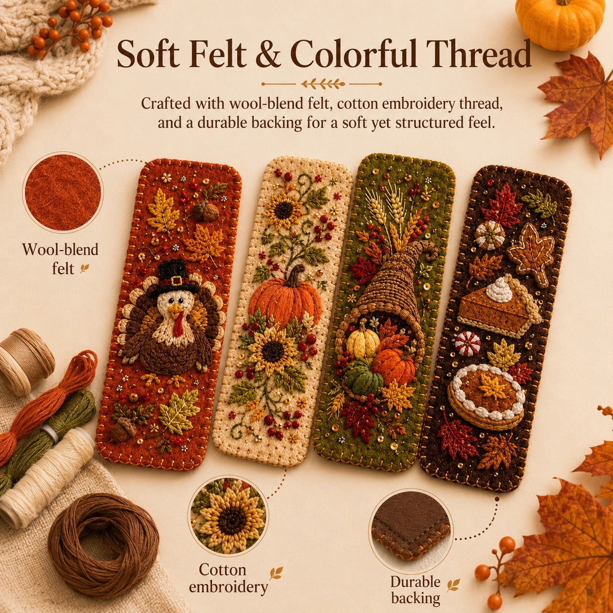 🍁 4-Piece Thanksgiving Embroidered Felt Bookmark Set