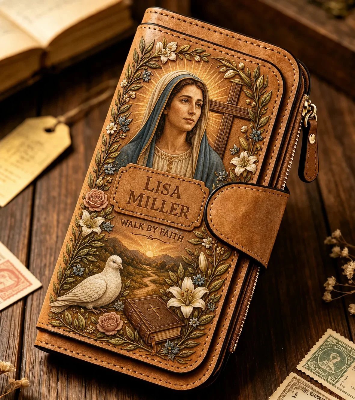 'Walk By Faith' Vintage Leather Clutch Wallet 🕊️ | Jesus & Mary Editions