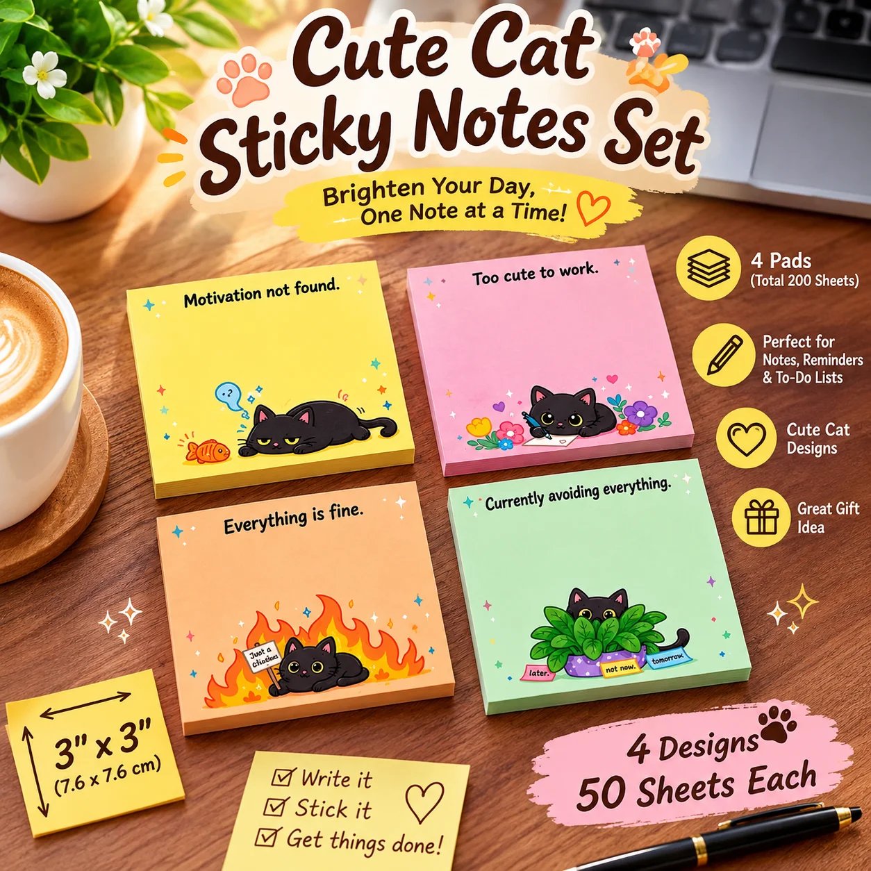 🐈‍⬛😂 Moody Cat Desk Notes – 4 Hilarious Designs for Work, School & Everyday Chaos