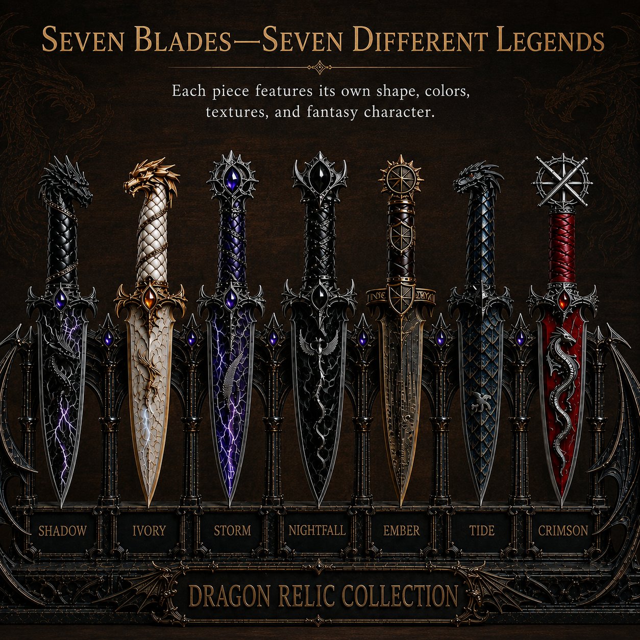 Dragon Relic Collection – 7-Piece Fantasy Dagger Display Set