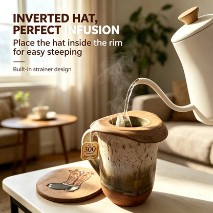 📍🤠 Cowboy Hat Ceramic Tea Mug Set | Western Handmade Cup with Hat Tea Strainer & Cowboy Boot Coaster, Rustic Farmhouse Gift