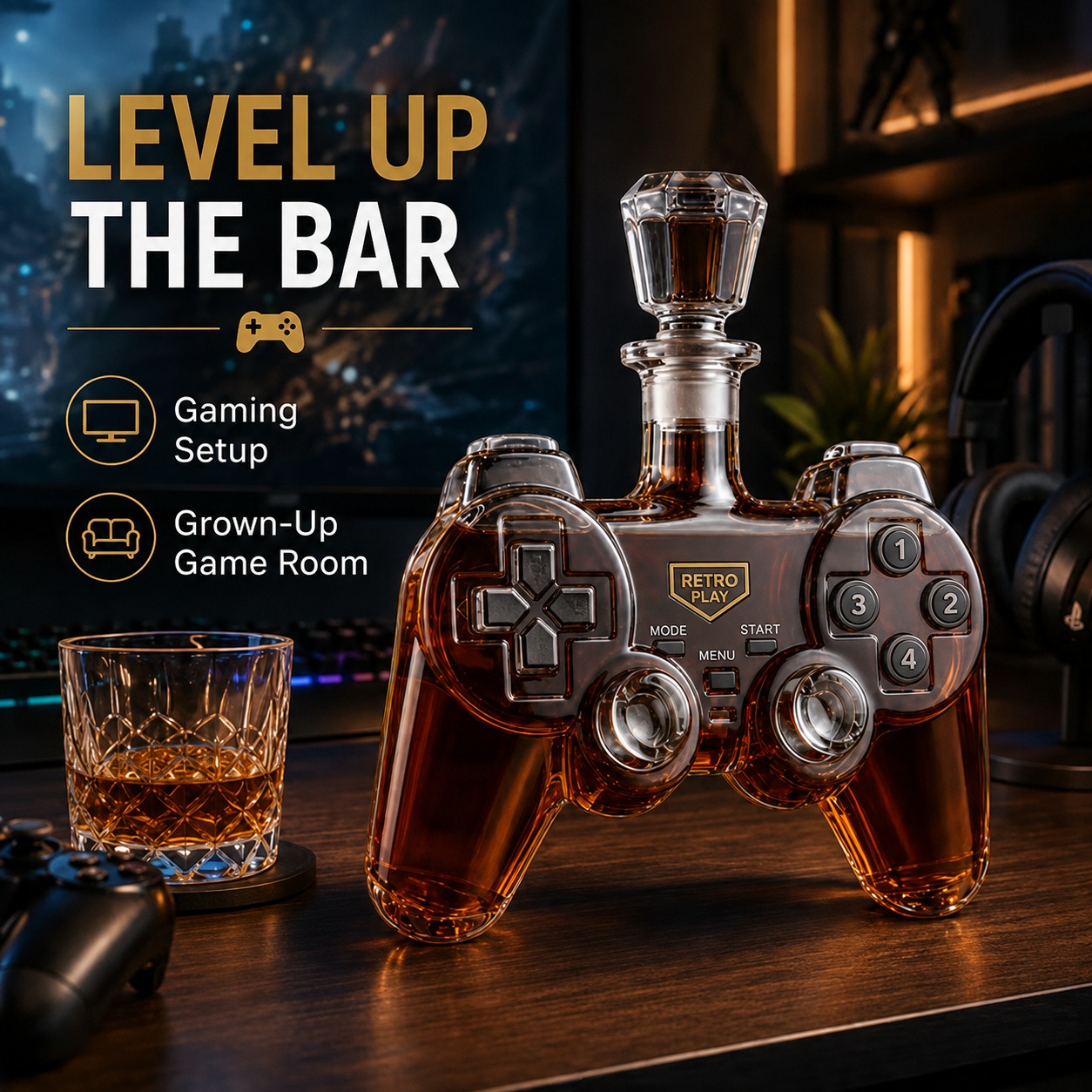 🎮 Retro Gaming Controller Whiskey Decanter – A Legendary Pour for Game Night 🥃