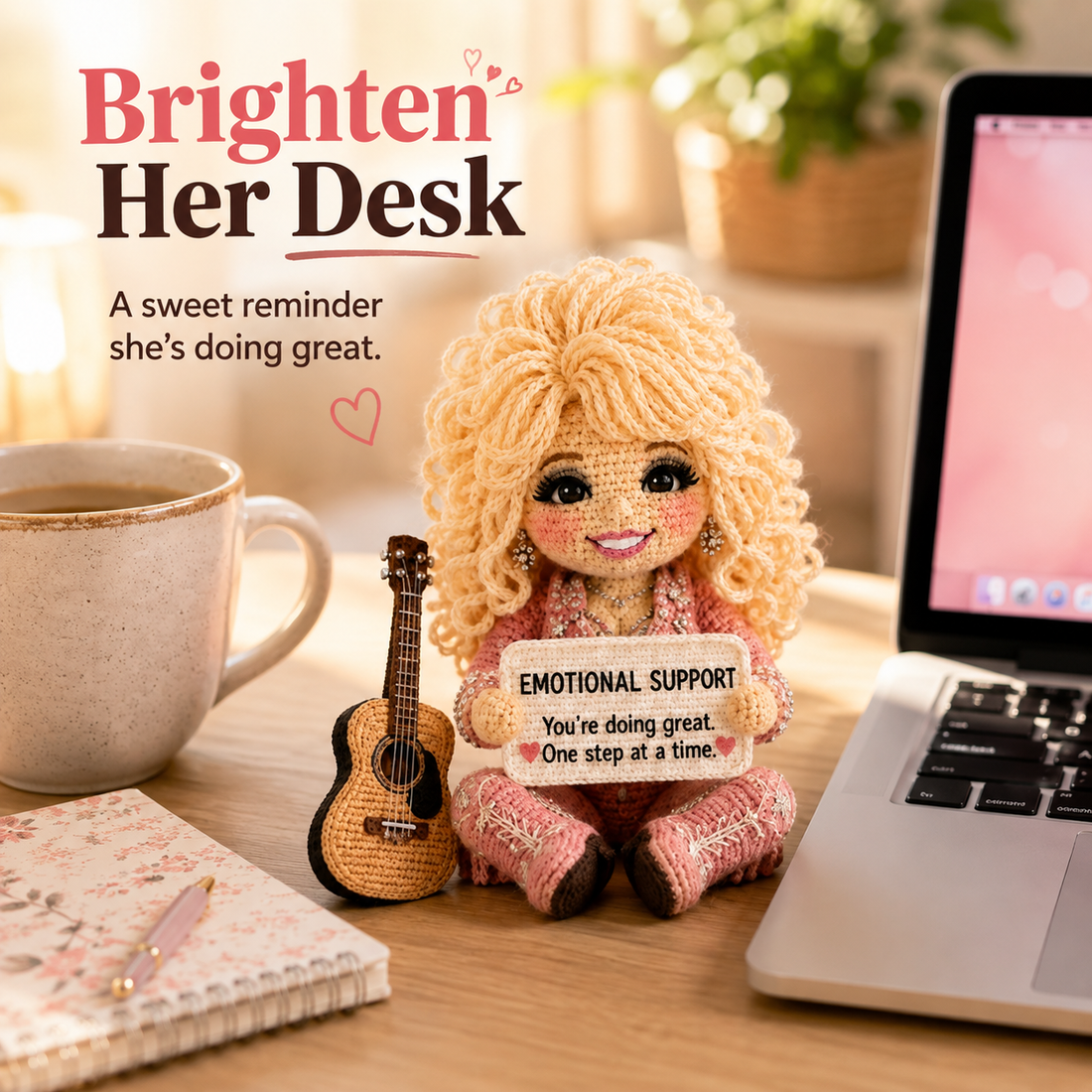 Emotional support doll displayed on a desk