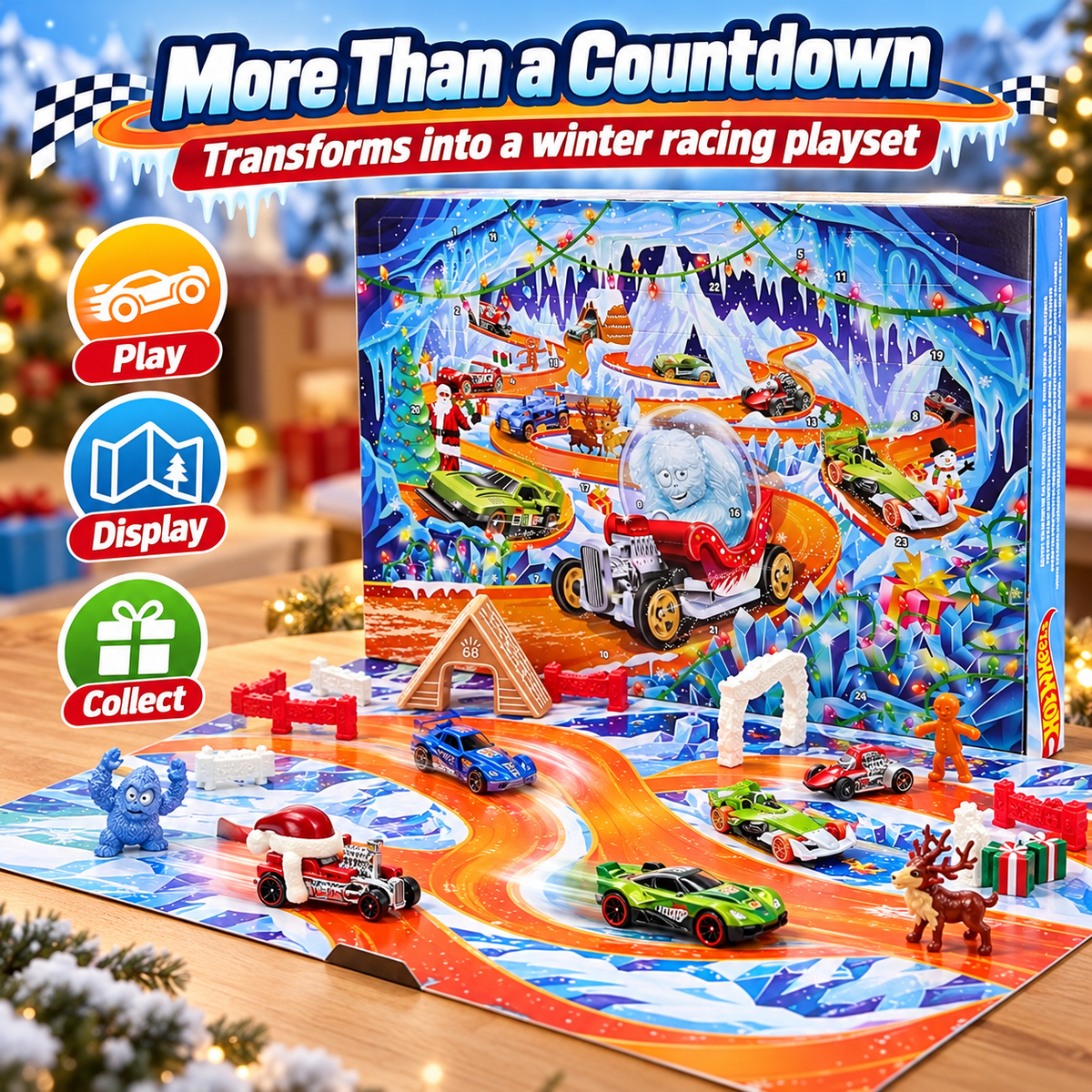 Fold-out snowy racing scene with cars and seasonal accessories arranged on the play surface