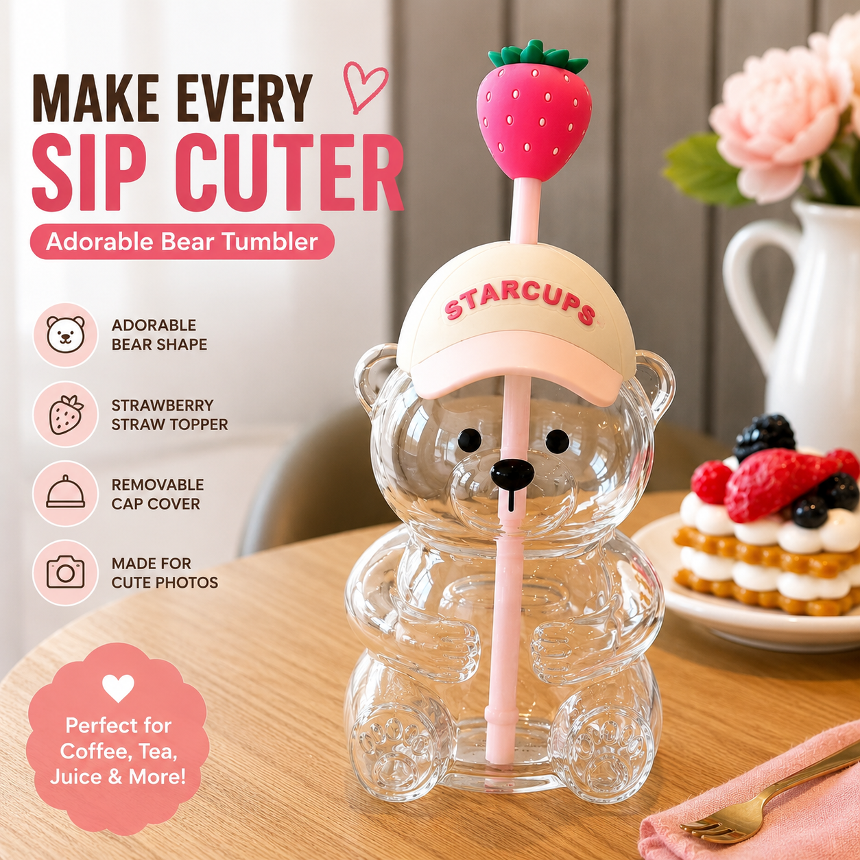 🔥 LAST DAY 55% OFF🐻Cute Teddy Bear Glass Tumbler with Bear Lid & Strawberry Straw – 20oz Reusable Cup
