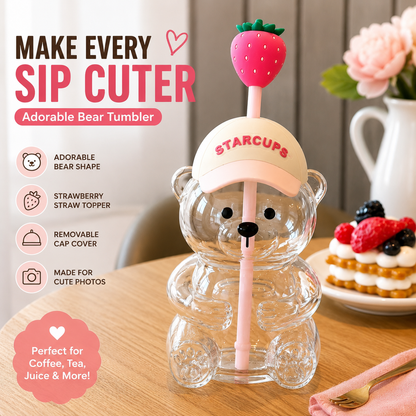 🔥 LAST DAY 55% OFF🐻Cute Teddy Bear Glass Tumbler with Bear Lid & Strawberry Straw – 20oz Reusable Cup