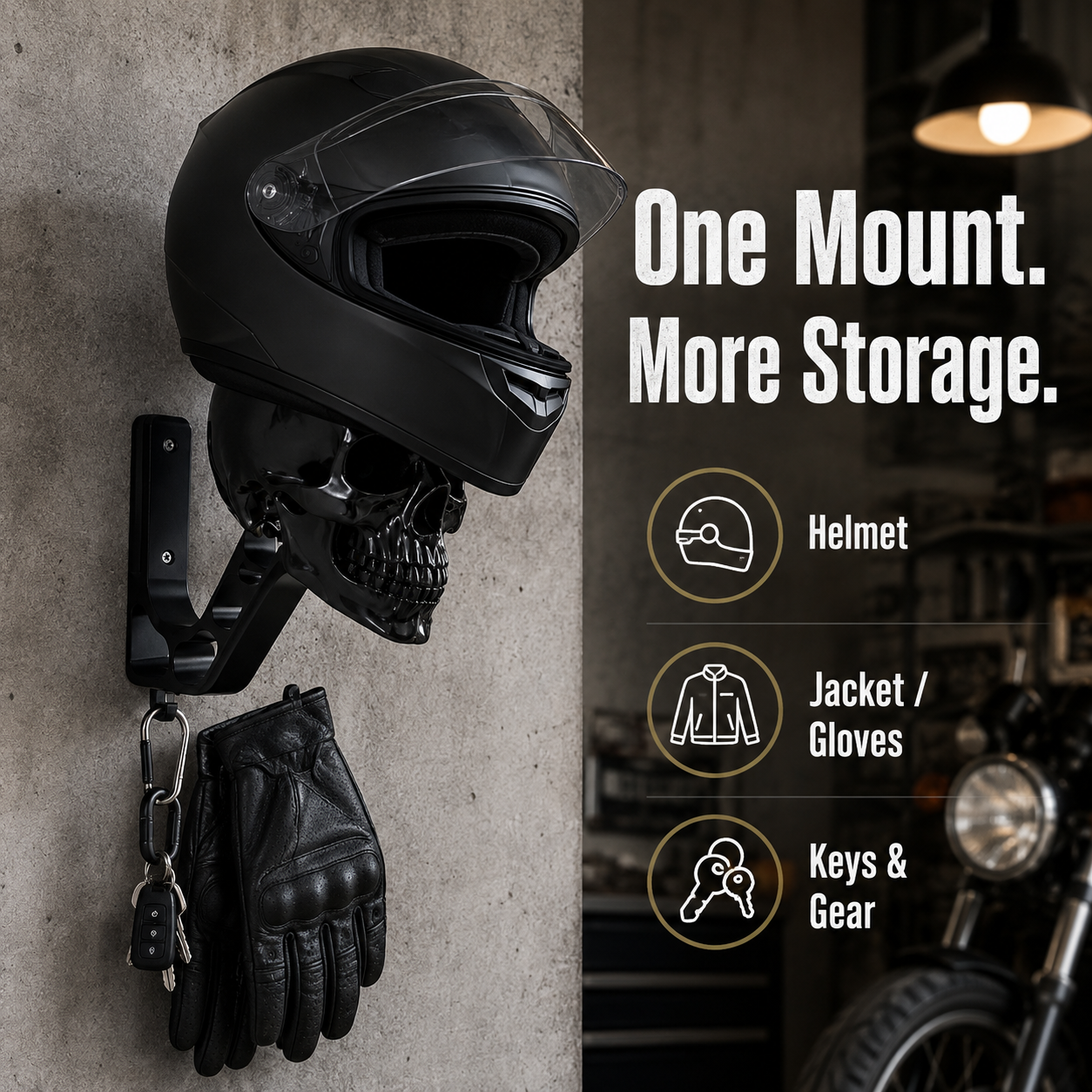 Helmet wall mount with gloves keys and riding gear