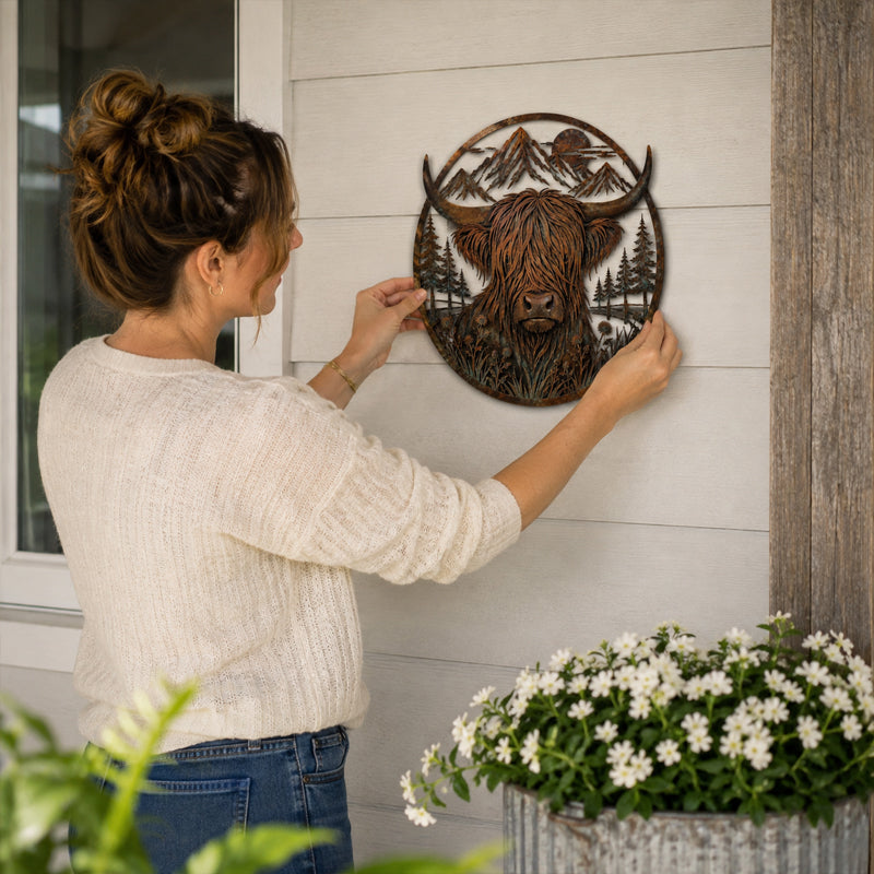 🏔️🐮 Highland Cattle Mountain Silhouette – Rustic Metal Farmhouse Wall Art