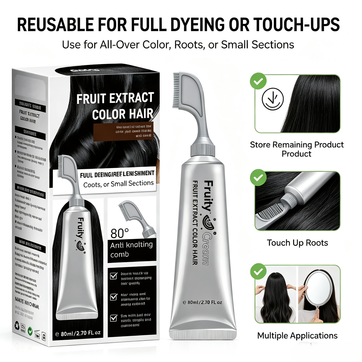 Fruit Extract Hair Dye Comb / Hair Dye Cream — Portable Home Use, Gentle Plant-Based Hair Dye, Reusable No Mix Hair Color✨