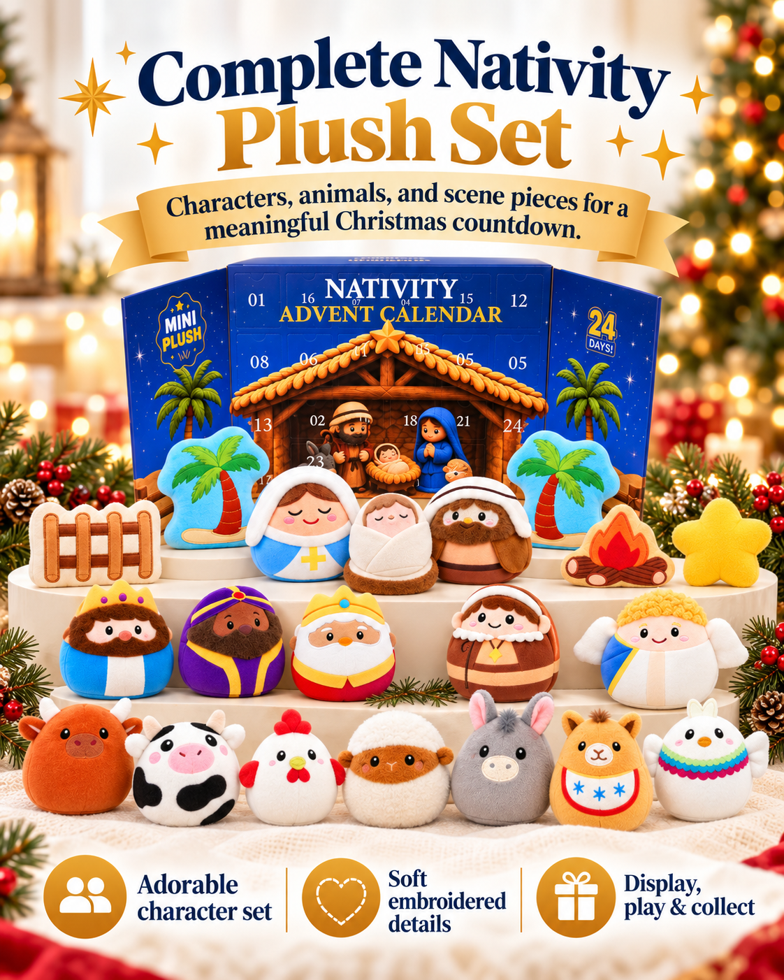 Family playing together with Nativity plush set
