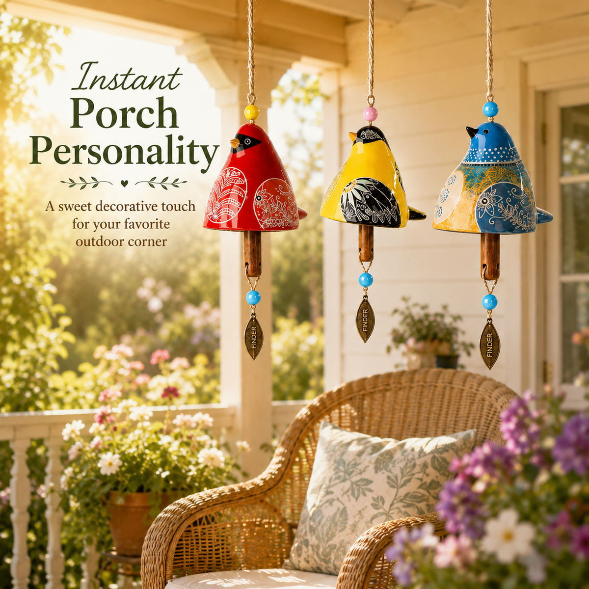 Hand-Painted Resin Bird Wind Chime, Colorful Folk Art Garden Hanging Decor