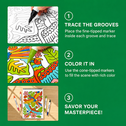 Trace-By-Groove Guided Flow Art Coloring Pad with Double-Sided Markers
