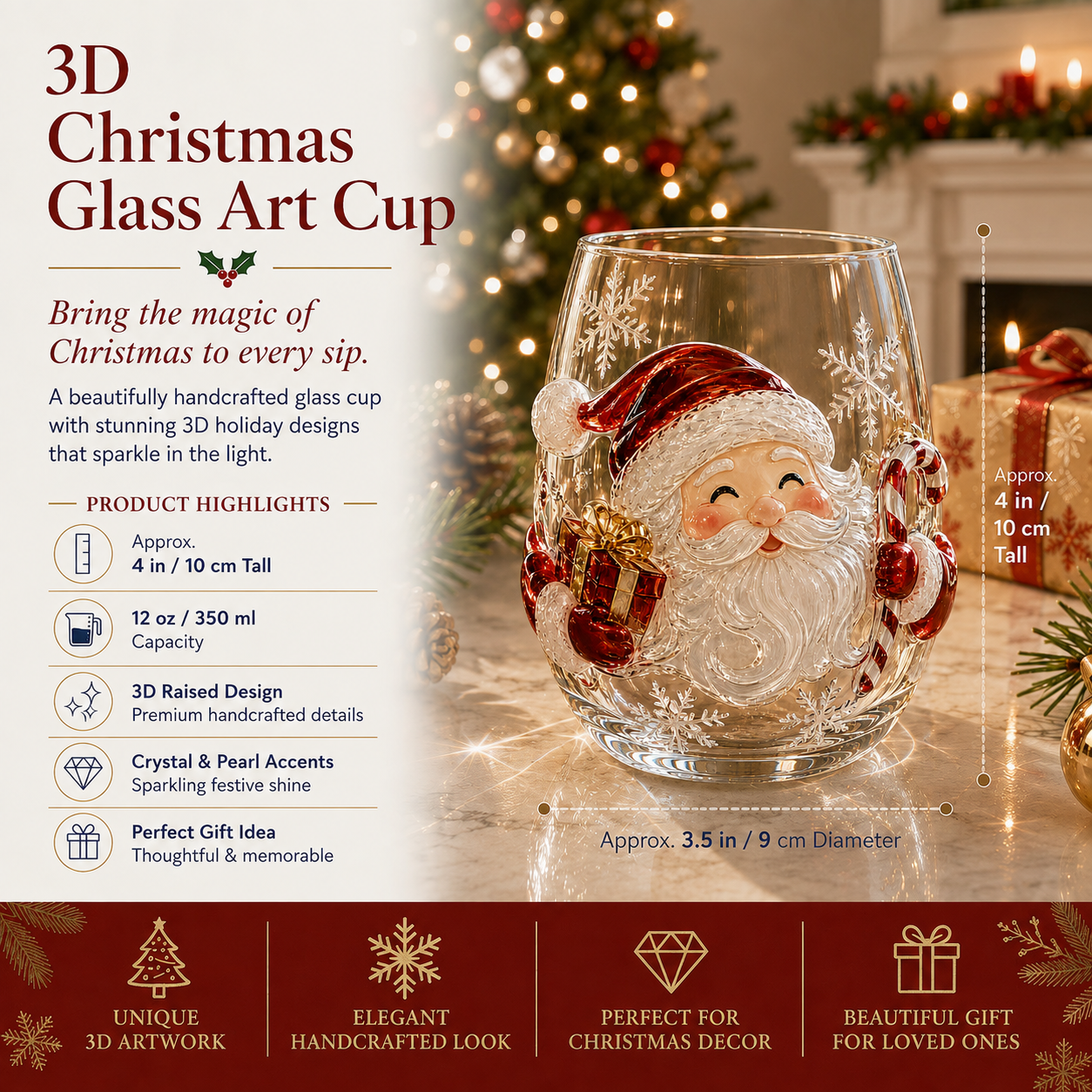 🎄✨ 3D Christmas Glass Art Cup