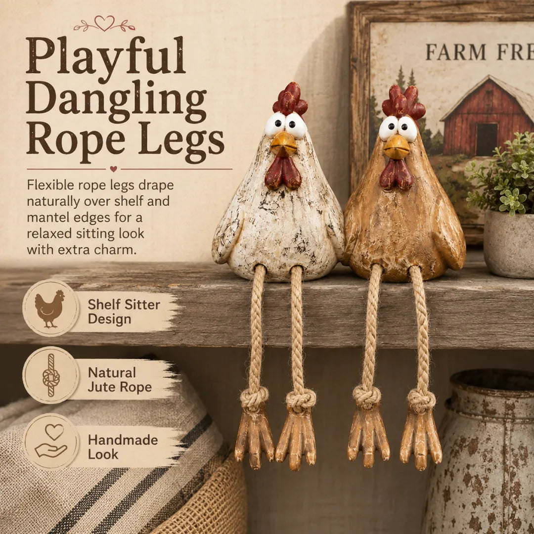 Chicken shelf sitters showing natural jute rope legs and distressed farmhouse finish