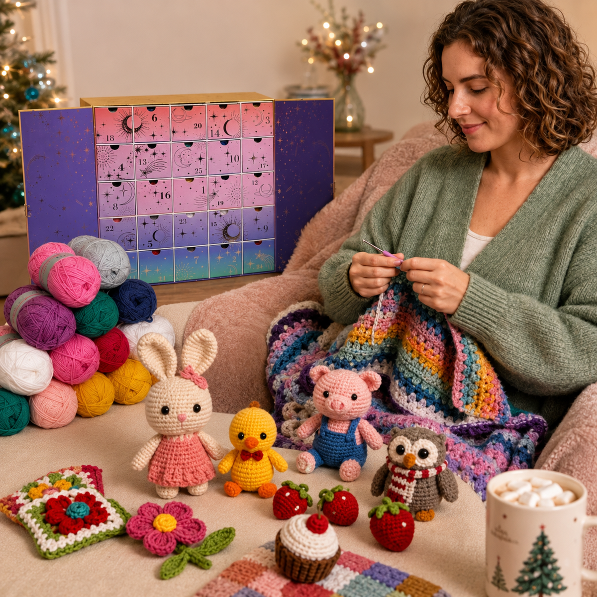 Woman enjoying a relaxing crochet session at Christmas