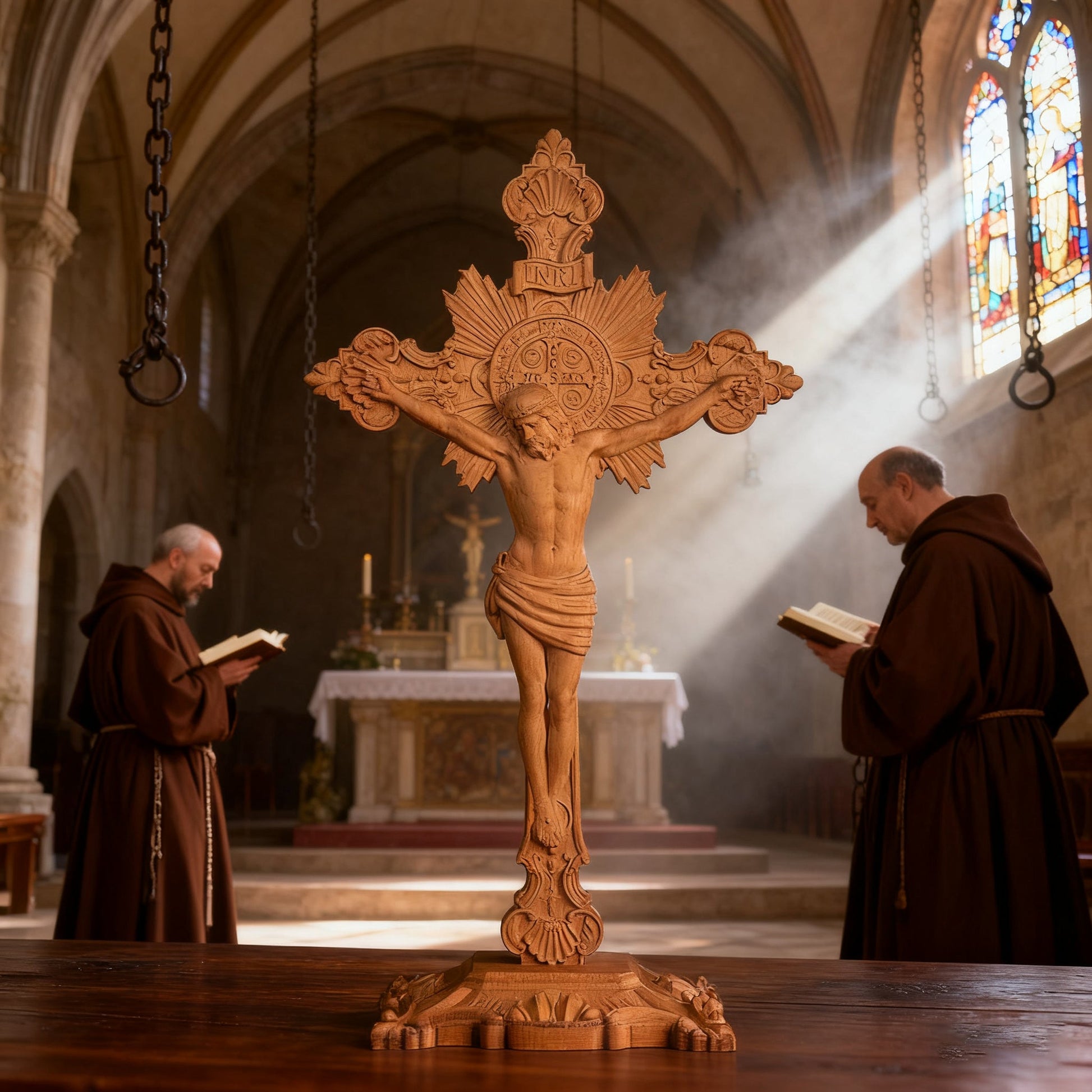 St. Benedict Exorcism Cross wood carved - Bless you and your family - faith-inspired design detail
