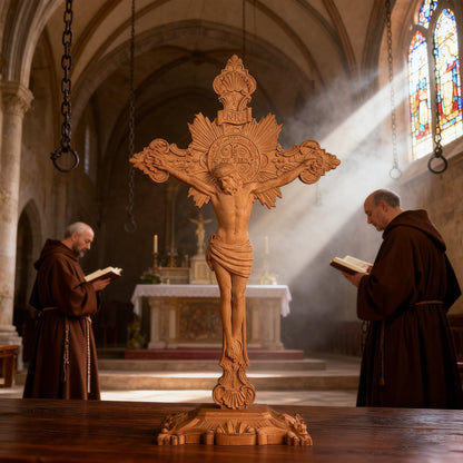St. Benedict Exorcism Cross wood carved - Bless you and your family - faith-inspired design detail
