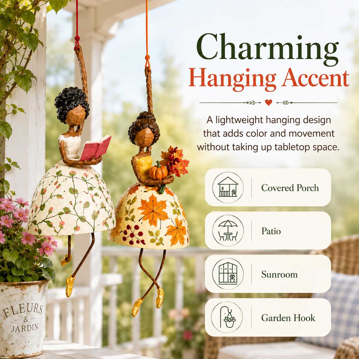Suggested hanging locations including porch patio sunroom and garden hook