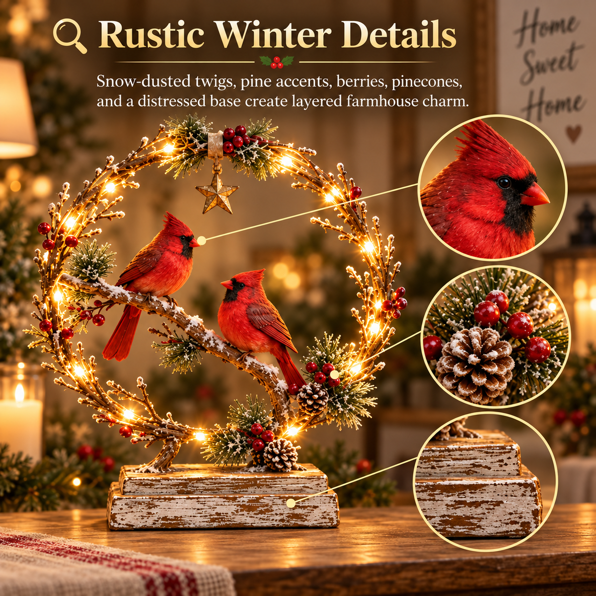 Glowing Cardinal Winter Wreath Tabletop Decor