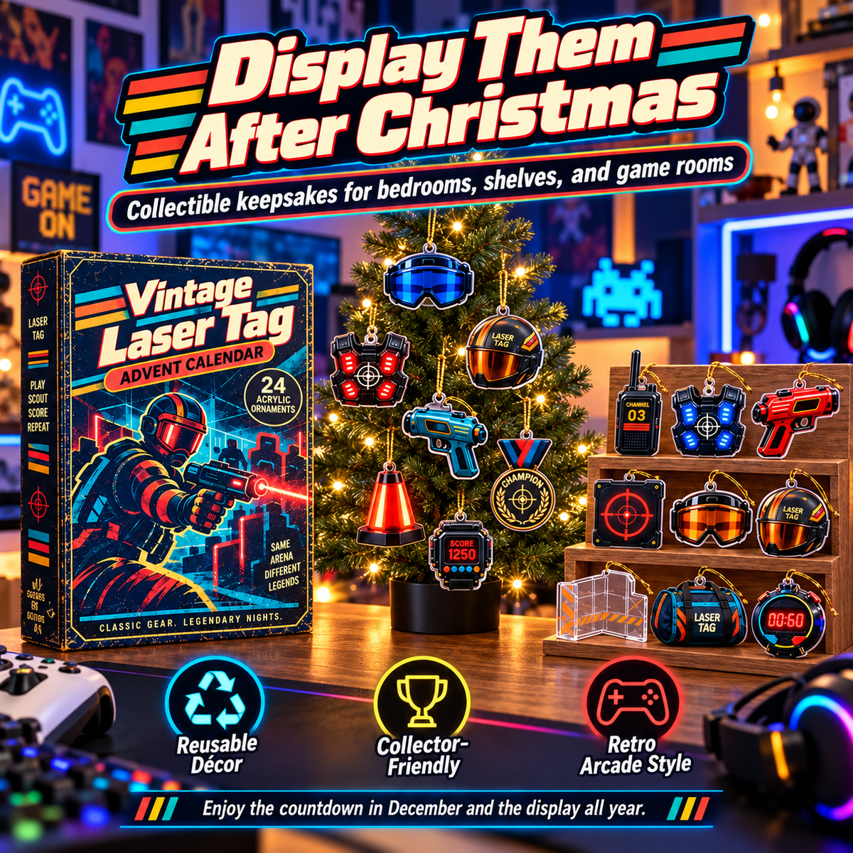 Vintage Laser Tag Advent Calendar – 24 Retro Gaming Acrylic Ornaments