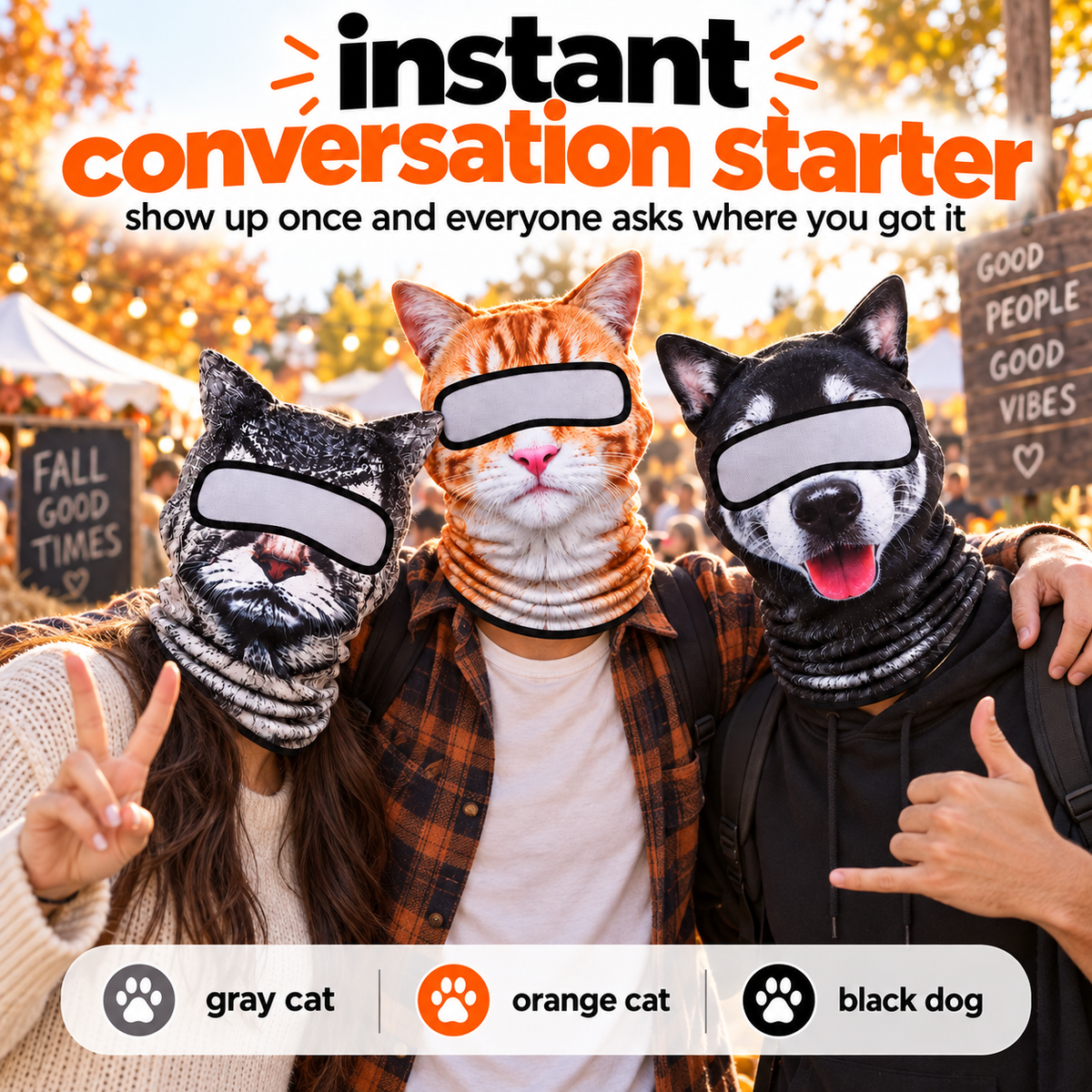 Friends wearing funny cat and dog face masks