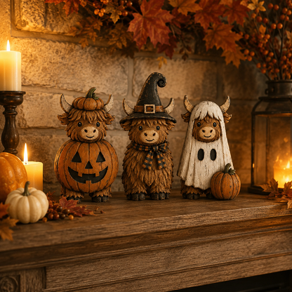 3-Piece Halloween Highland Cow Figurine Set