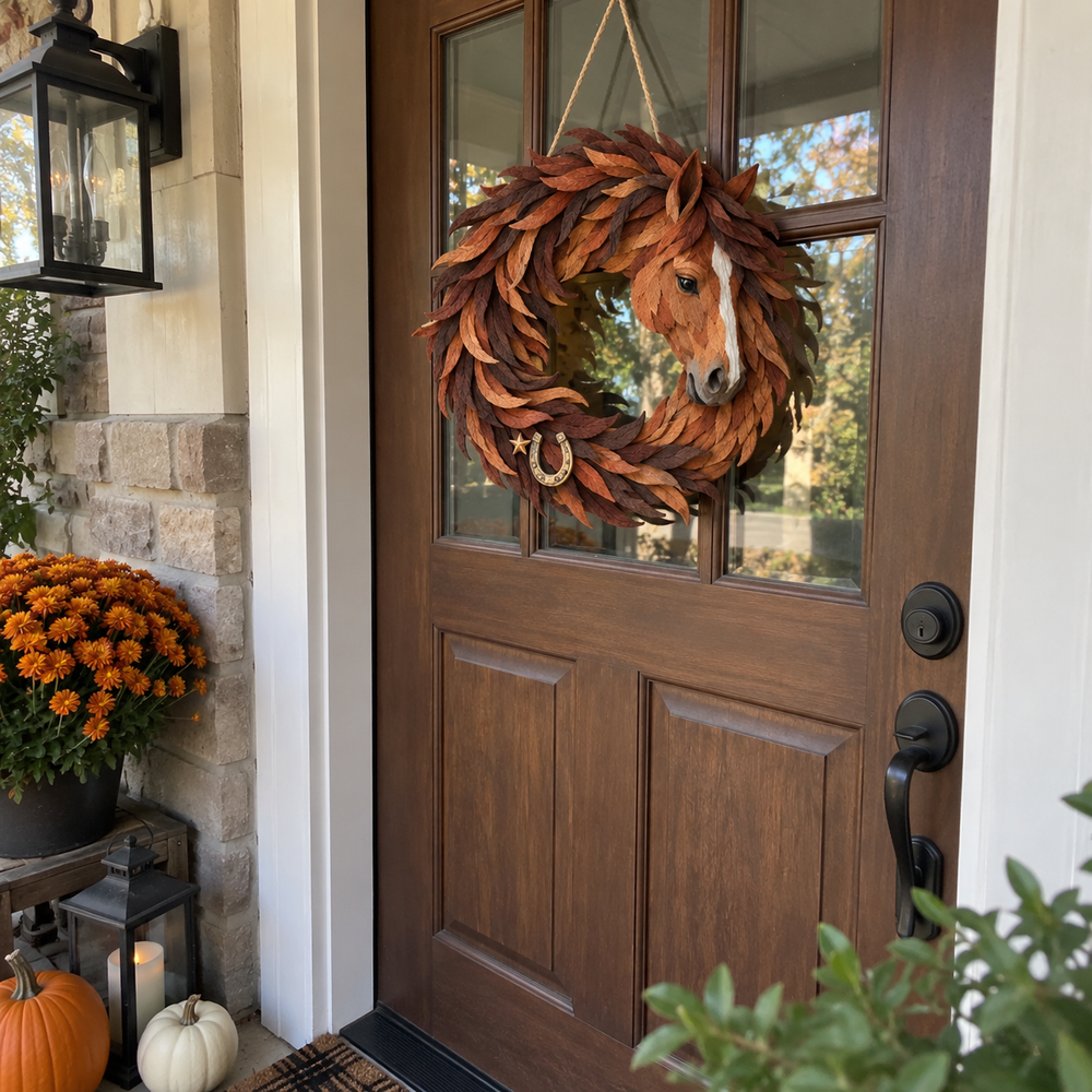 Rustic horse wreath displayed on everyday front door