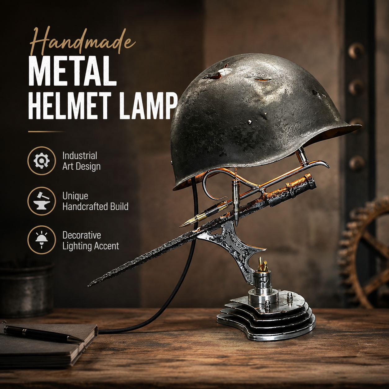⏰ 49% OFF Today Only!–🪖 War Relic Vintage Helmet Table Lamp