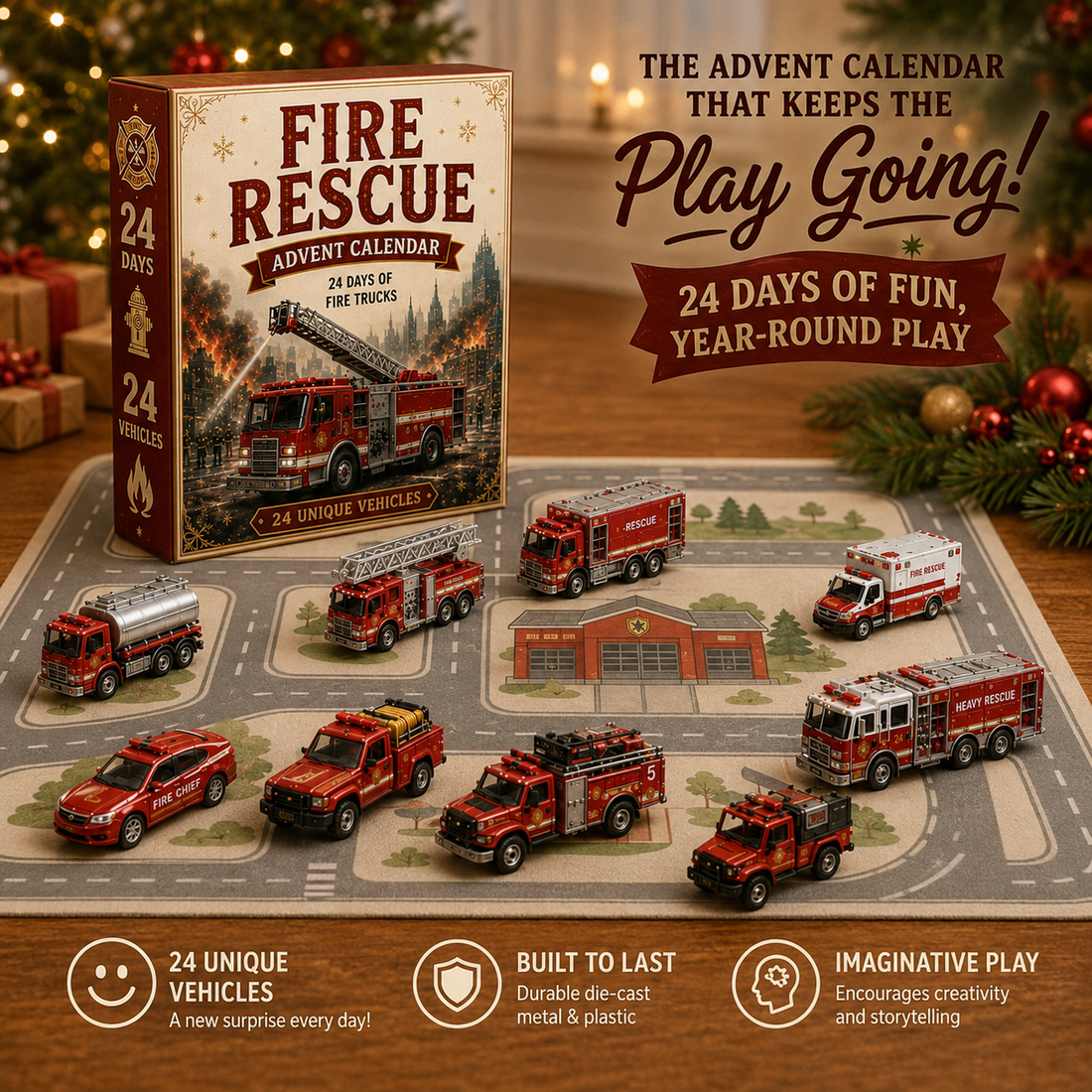 Vehicle collection arranged for imaginative play on a road play mat