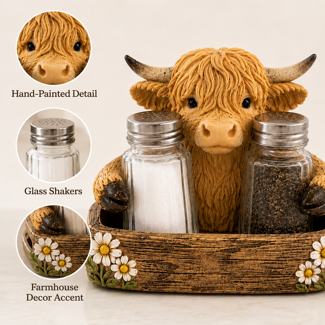 Highland Cow Salt & Pepper Shaker Set with Holder