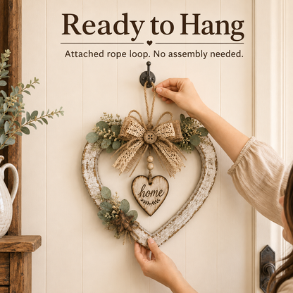 Rustic Farmhouse “Home” Heart Wreath – Ready-to-Hang Country Wall Decor