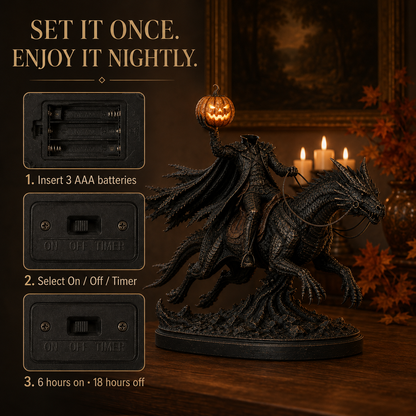 Light-Up Headless Horseman Dragon Statue with Timer – Gothic Halloween Decor