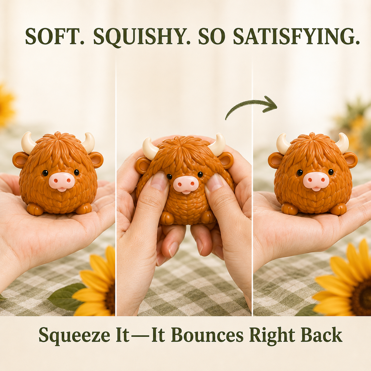 Highland cow squishy being pressed and returning to shape