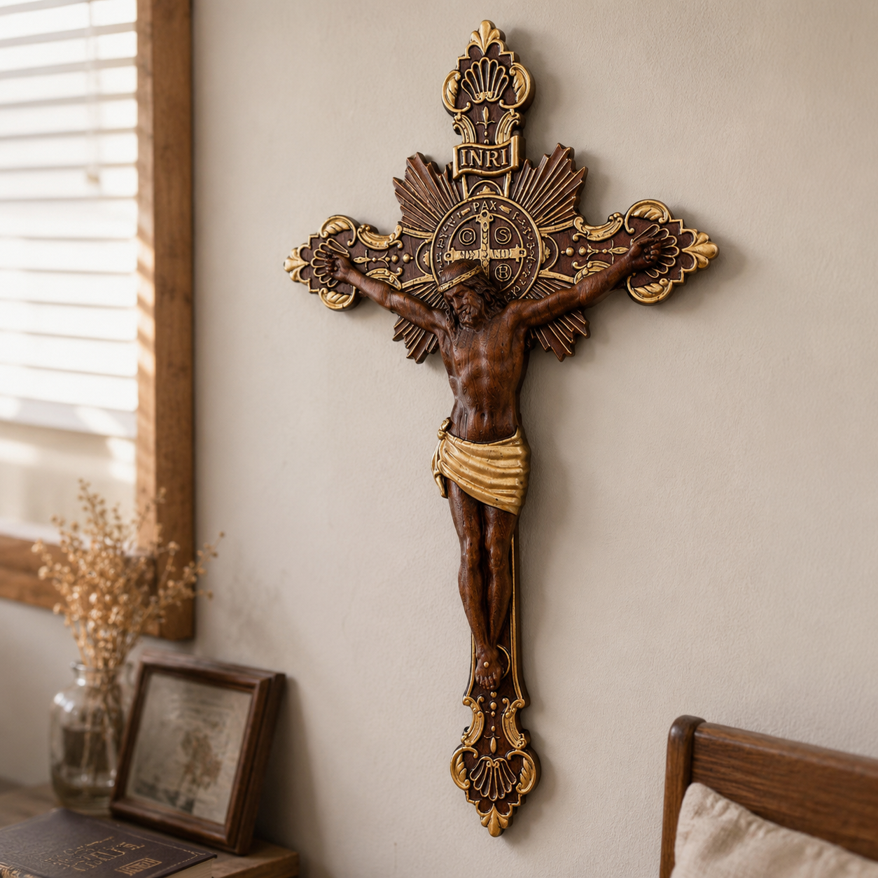 St. Benedict Exorcism Cross wood carved - Bless you and your family - size and finish detail