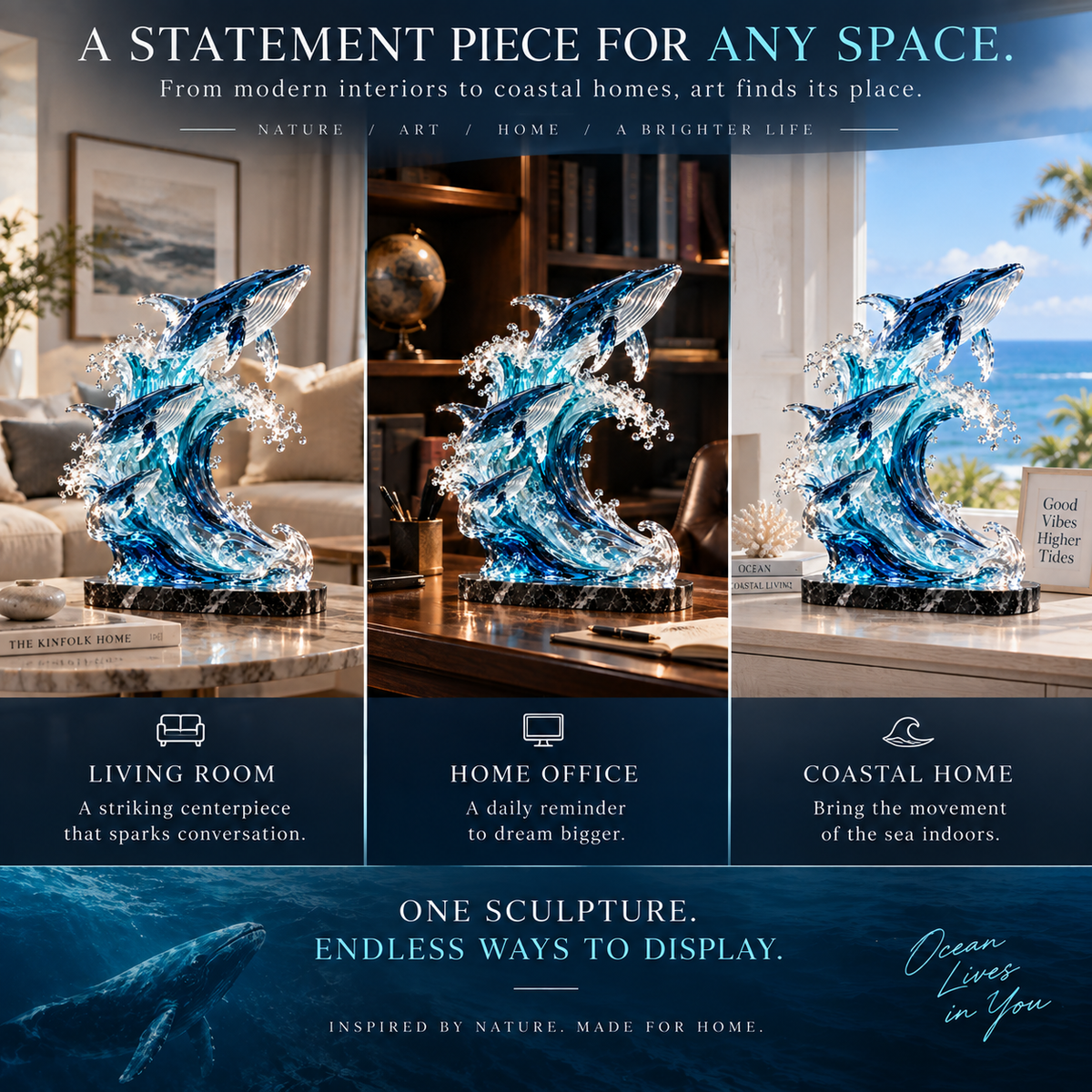 🐋 Becoming Ocean – Three Whales Rising from the Wave Glass Sculpture