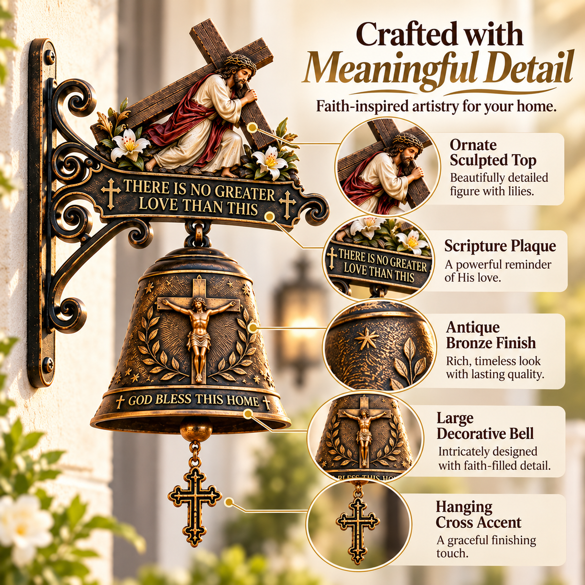 Christian Home Blessing Bell – Jesus Cross Wall Decor for Entryway & Porch