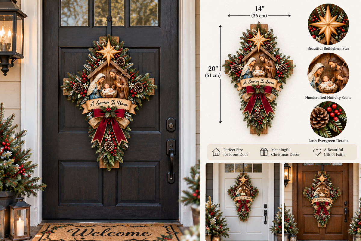Nativity cross design reference infographic showing approximately 20 inches high and 14 inches wide
