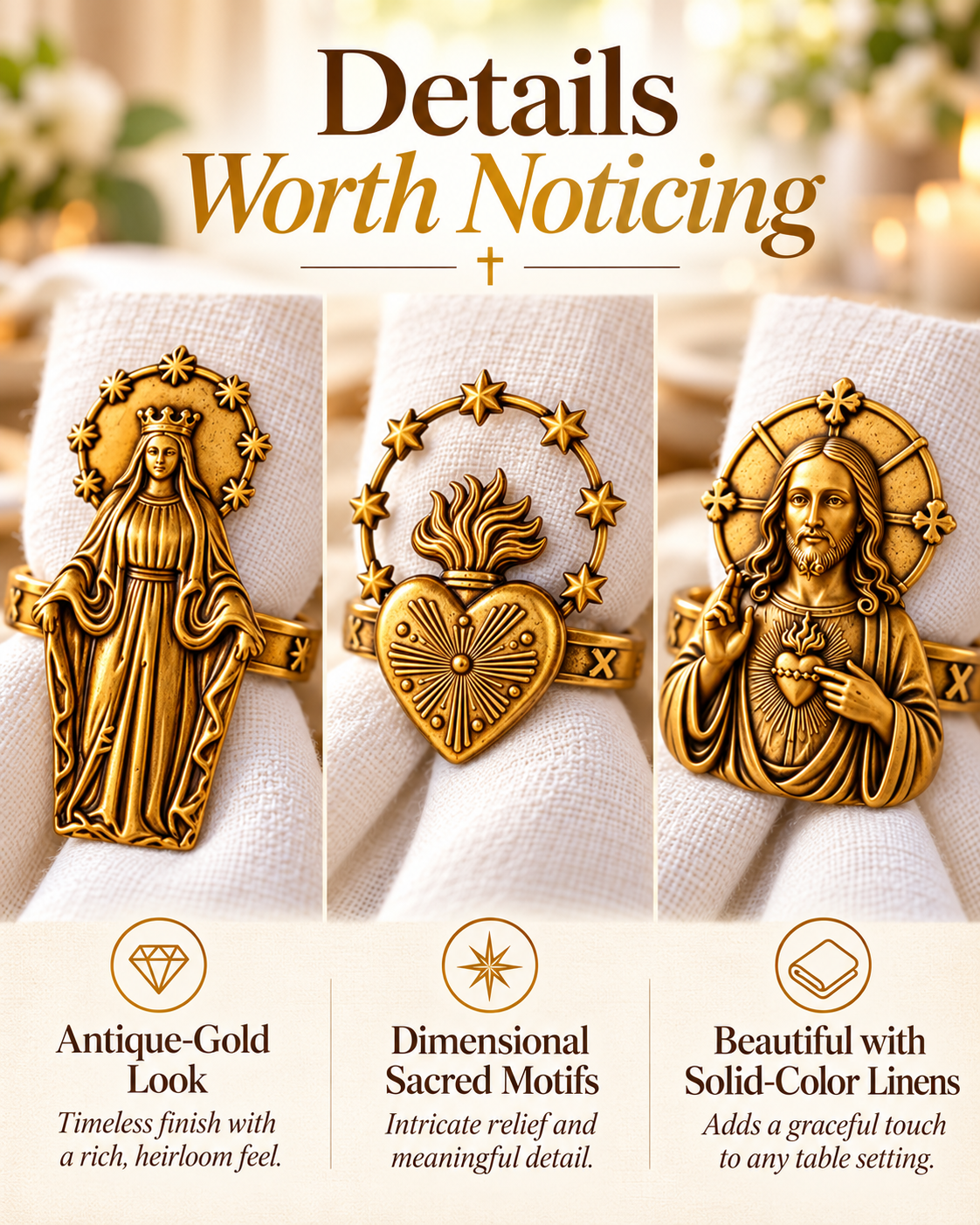 Catholic Devotional Napkin Rings – Sacred Heart, Virgin Mary & Jesus Table Décor