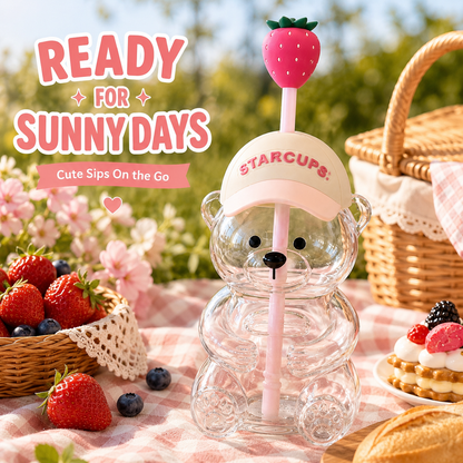🔥 LAST DAY 55% OFF🐻Cute Teddy Bear Glass Tumbler with Bear Lid & Strawberry Straw – 20oz Reusable Cup