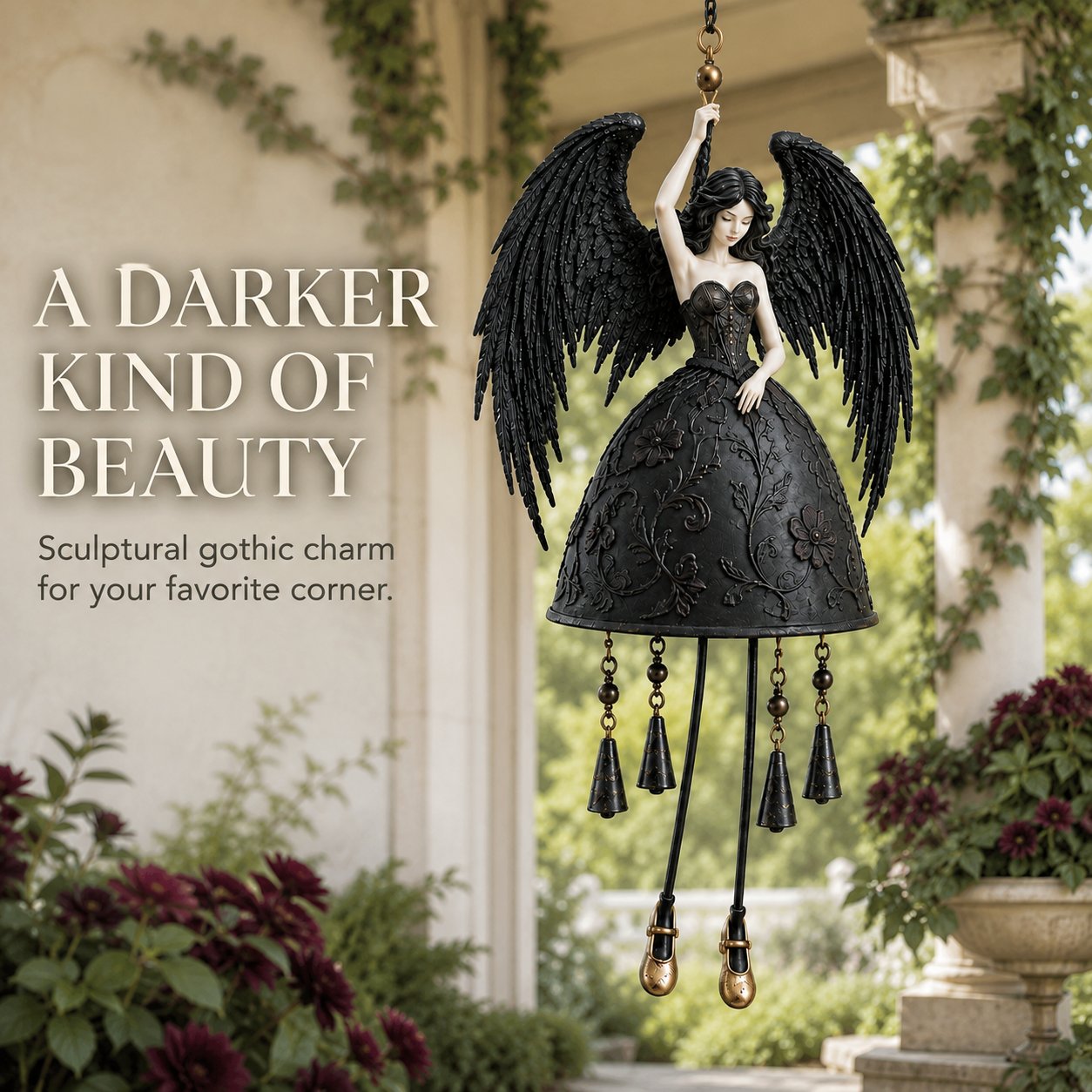 💜 Dark Angel Gothic Wind Chime – Enchanting Outdoor Garden Hanging Decor
