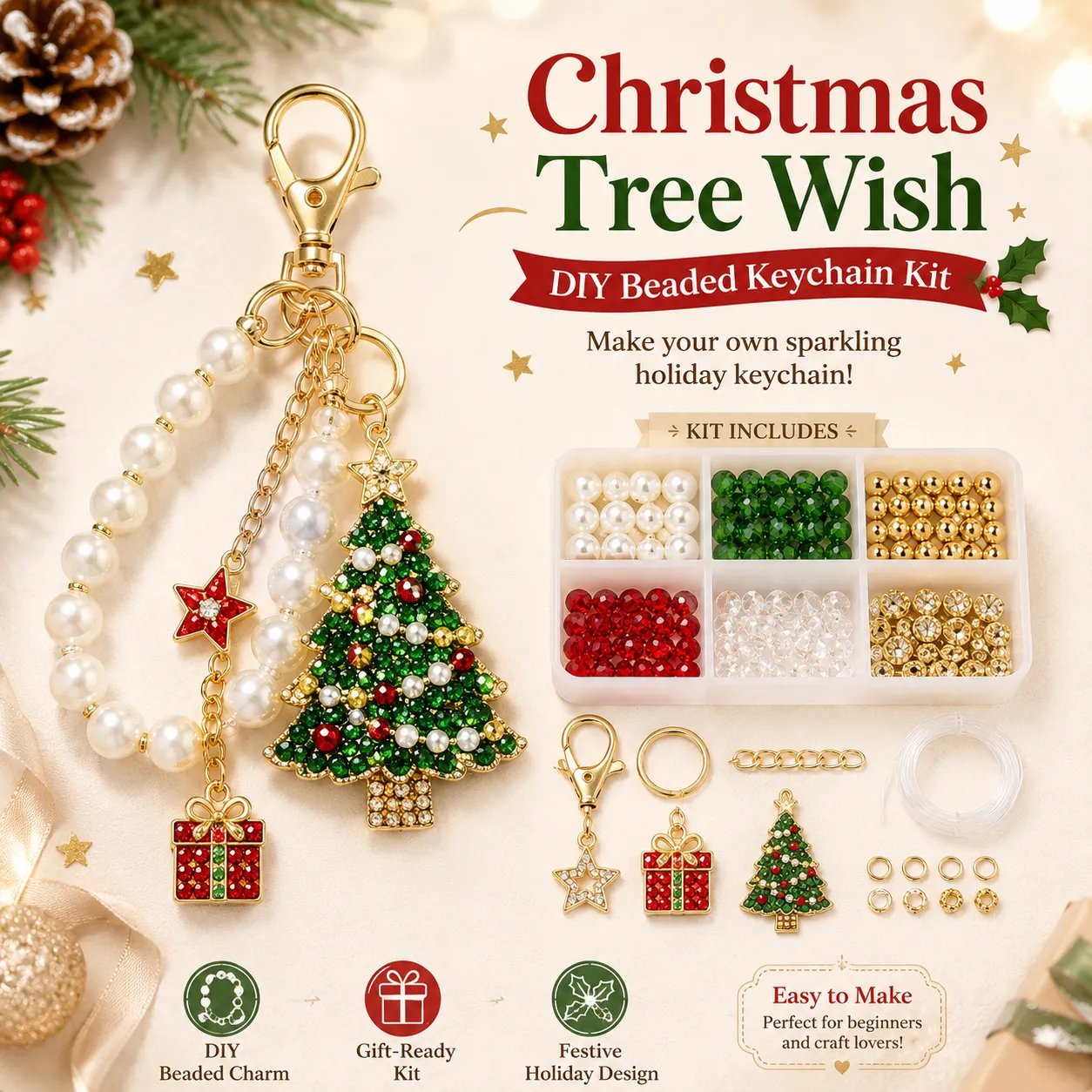 🎄✨ Holiday Bead-It-Yourself Charm Kit – Festive Keychains & Bag Accessories