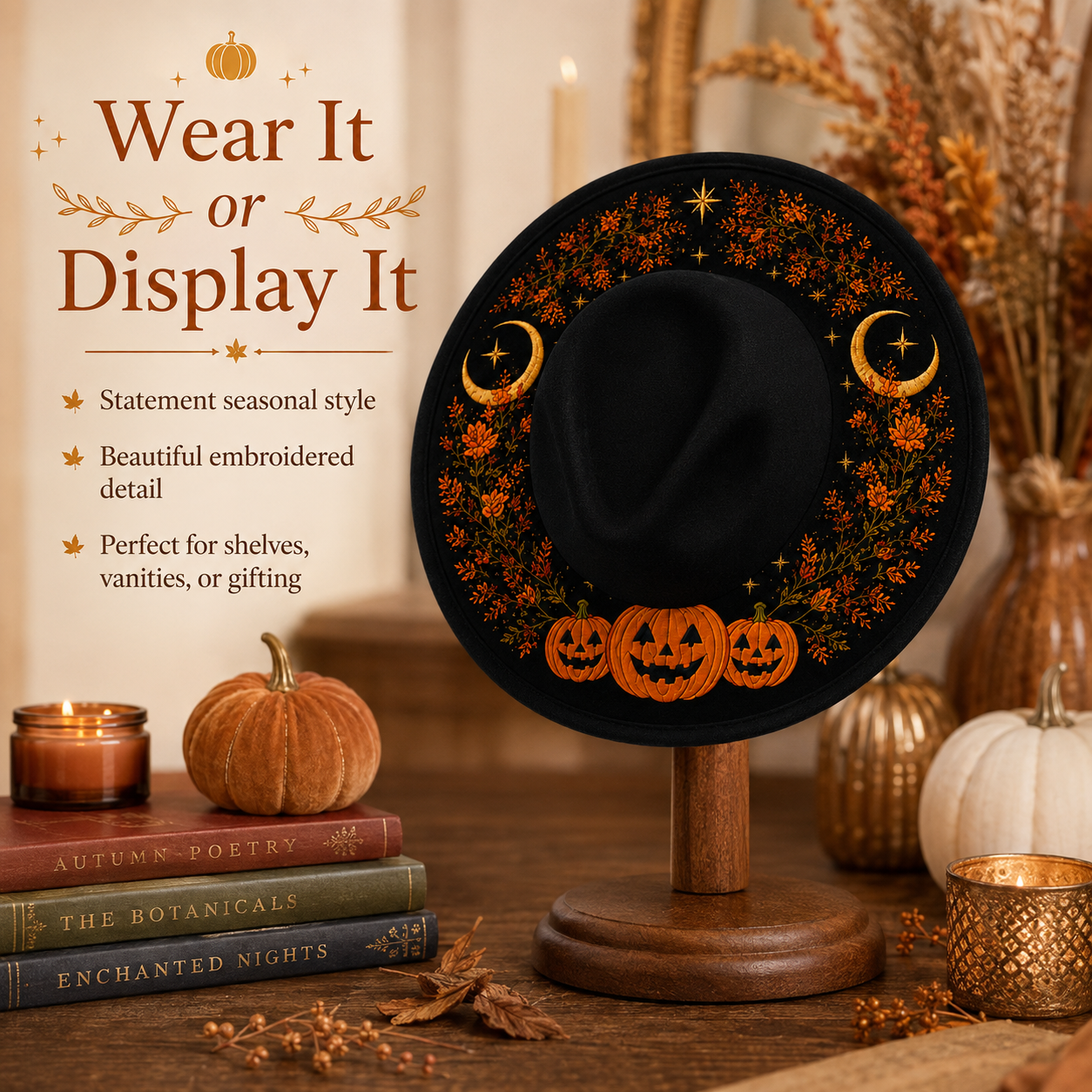 🖤 Gothic Embroidered Wide Brim Fedora Hat 🌙