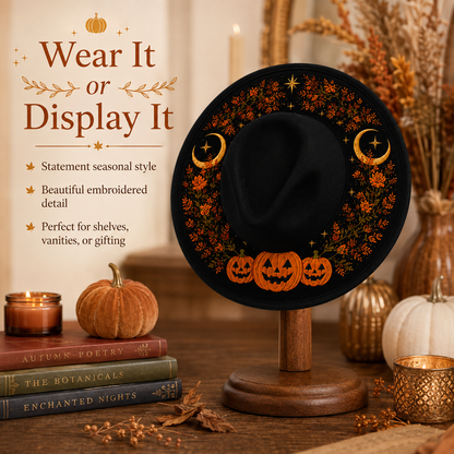 🖤 Gothic Embroidered Wide Brim Fedora Hat 🌙