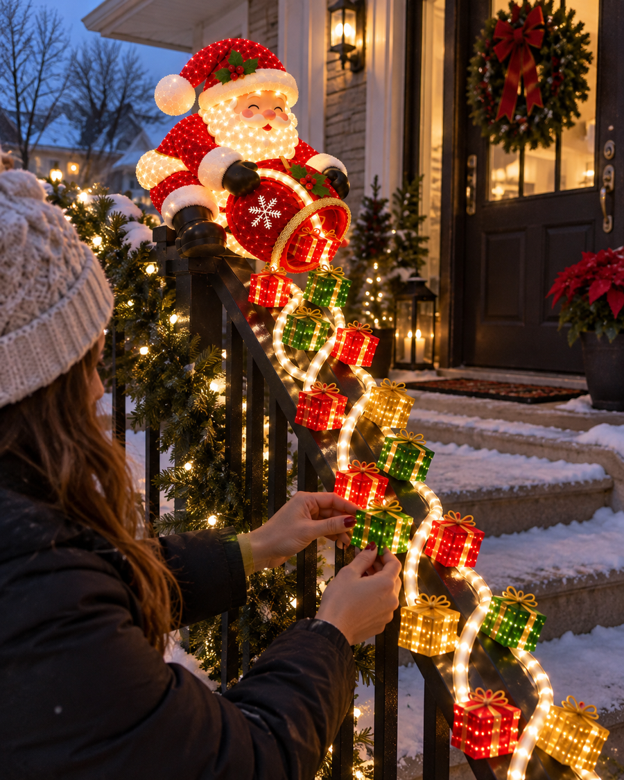 Customer arranging Santa railing Christmas lights