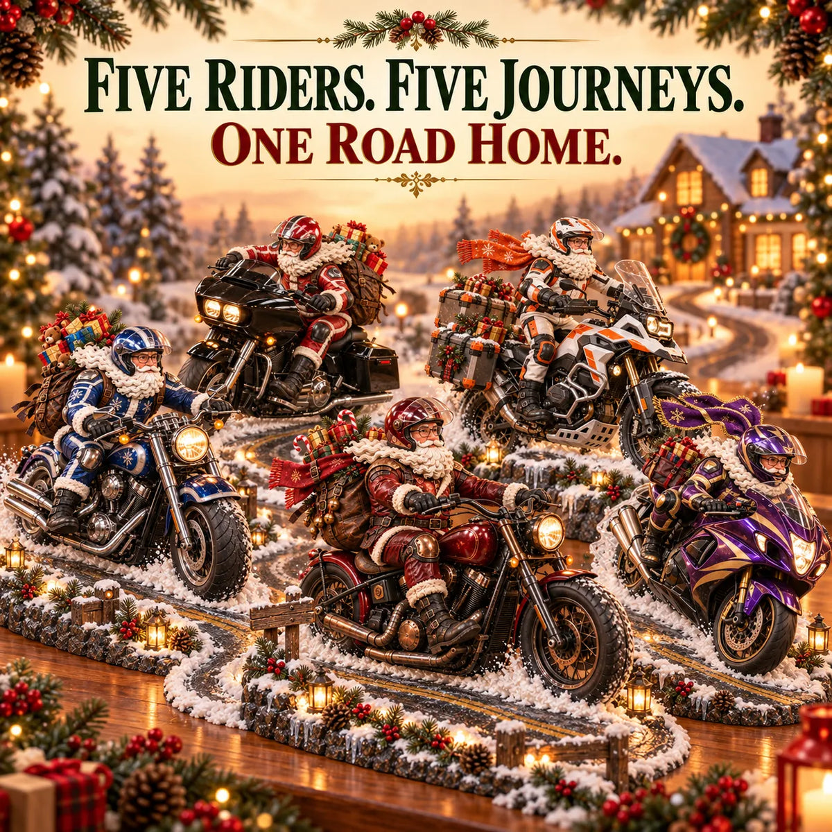 Five Christmas motorcycle Santa rider styles