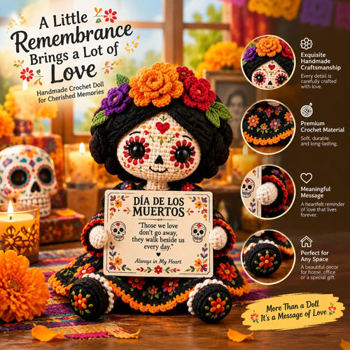 🏵️ 💕 Handcrafted Día de los Muertos Crochet Doll – Sugar Skull Catrina Figurine with Floral Dress & Memorial Sign