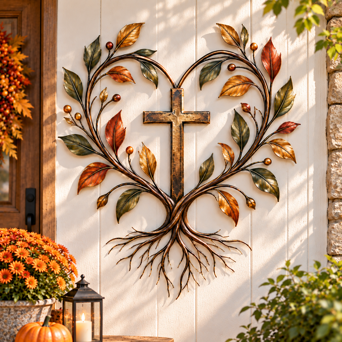✝️🍂 Faith & Harvest Tree Wall Art – Rustic Autumn Christian Metal Decor