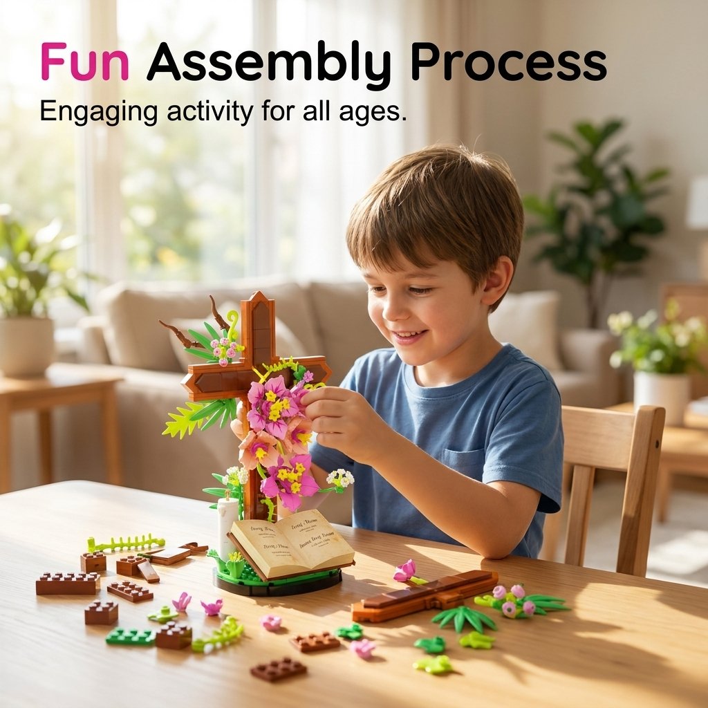 🌺💡 Illuminated Floral Cross Building Set – Peaceful DIY Book Display Decor